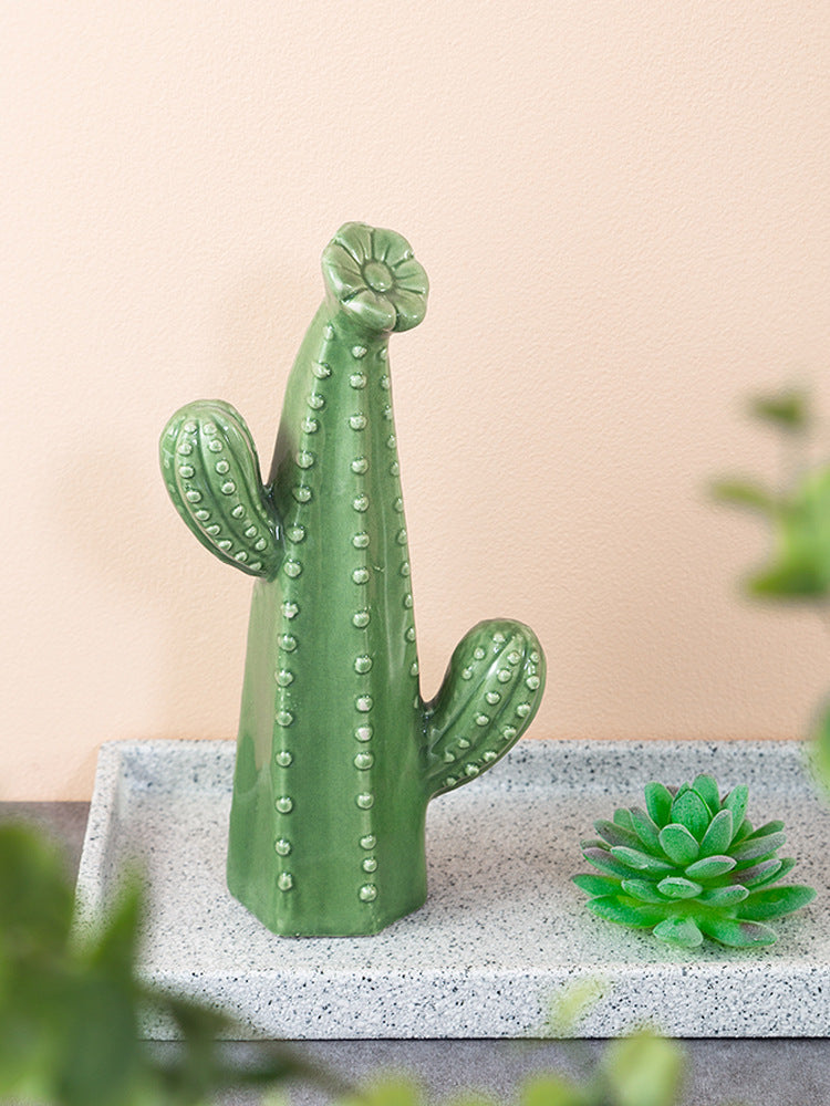 Adornos creativos de Cactus de cerámica de estilo nórdico, figurita decorativa de escritorio para sala de estar, planta verde artificial, decoración del hogar