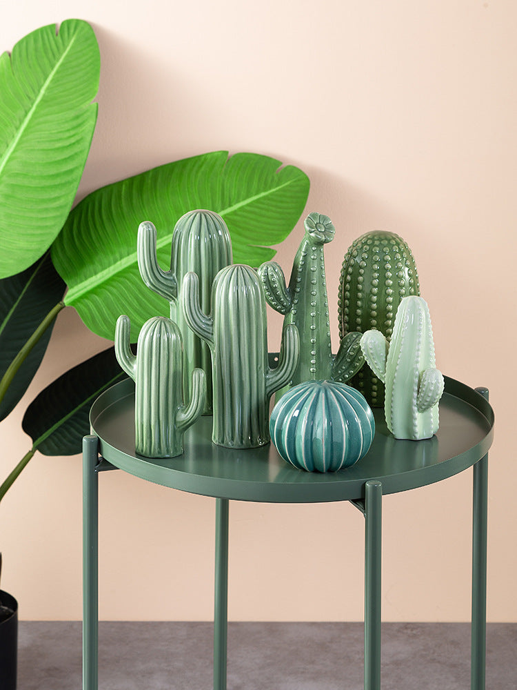 Adornos creativos de Cactus de cerámica de estilo nórdico, figurita decorativa de escritorio para sala de estar, planta verde artificial, decoración del hogar