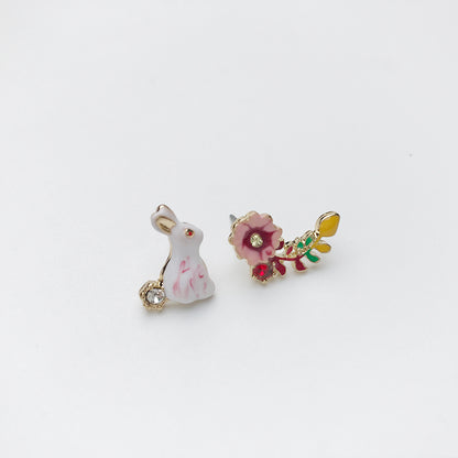 Literary French Enamel Dripping Glaze Alice Bunny Diamond Flower Stud Earrings