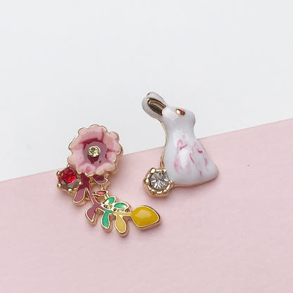 Boucles d'oreilles à tige en émail littéraire français, glaçure goutte à goutte, lapin Alice, fleur en diamant