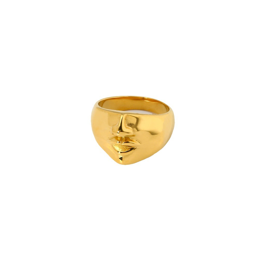 INS European And American Personalized Hip Hop Face 18K Furnace Real Gold Plating Stainless Steel Punk Ring Waterproof