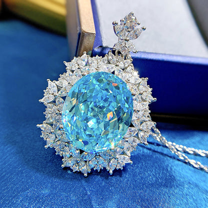 Pendentif collier rond avec sceau oeil de cheval | Diamant incrusté d'argent 925, pierre précieuse bleue ovale