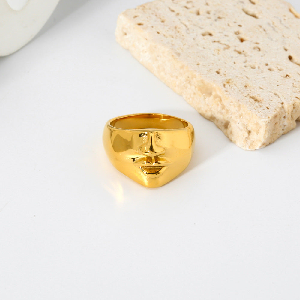 INS European And American Personalized Hip Hop Face 18K Furnace Real Gold Plating Stainless Steel Punk Ring Waterproof