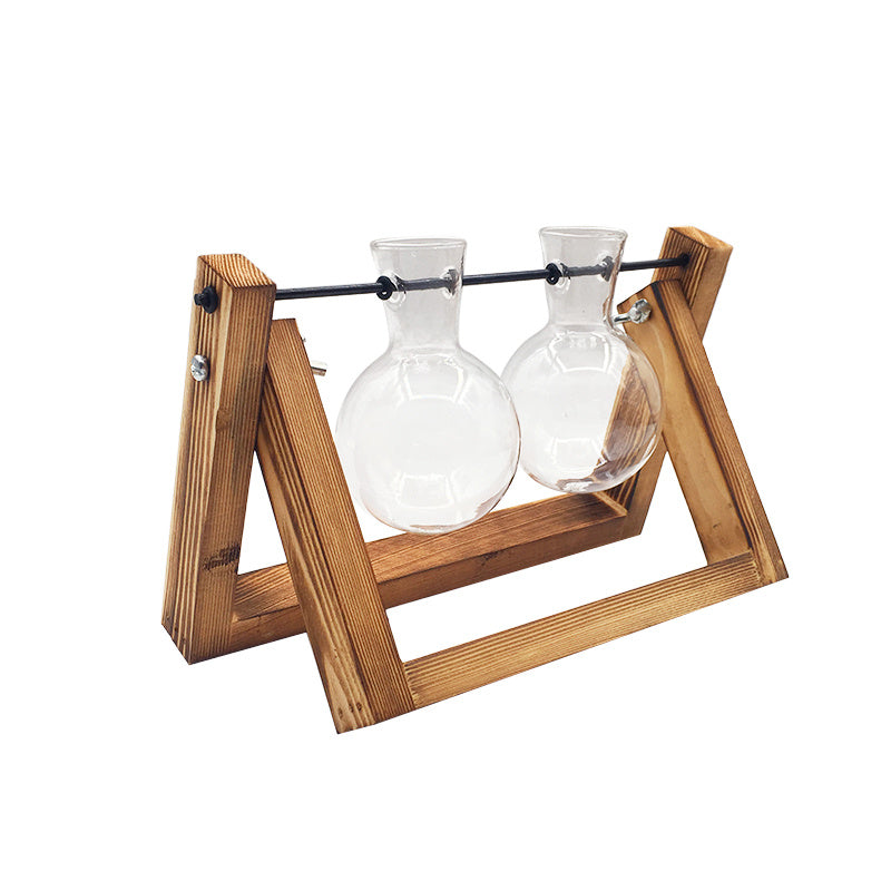 Conteneur pour plantes hydroponiques avec support en bois - Vase en verre