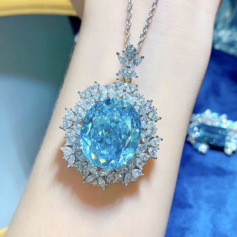 Ciondolo per collana rotonda con sigillo a forma di occhio di cavallo | Diamante intarsiato in argento 925, pietra preziosa blu ovale