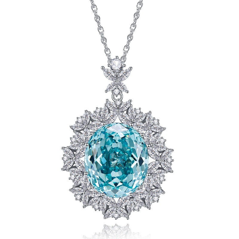 Pendentif collier rond avec sceau oeil de cheval | Diamant incrusté d'argent 925, pierre précieuse bleue ovale