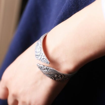 S999 Pure Silver Phoenix Peony Wide Side Thai Silver Bracelet | Matte Retro Ethnic Style for Women