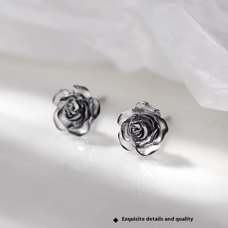 Boucles d'oreilles à tige en argent sterling S999 avec rose de nuit foncée