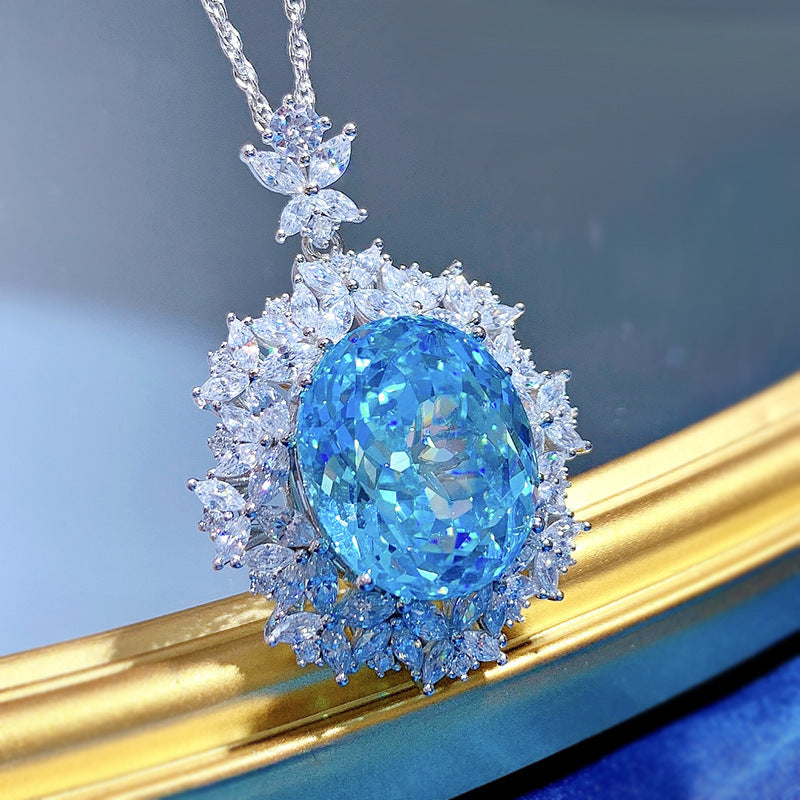 Pingente de colar redondo com selo de olho de cavalo | Diamante incrustado em prata 925, pedra preciosa azul oval