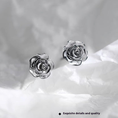 Boucles d'oreilles à tige en argent sterling S999 avec rose de nuit foncée